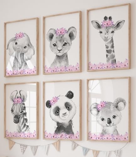 Image of Safari Animals Baby Girls Nursery Set of 6 Unframed Wall Art Prints, Gray Baby Animals with Pink Flowers, Child Bedroom Nursery Decor Posters, Giraffe Elephant Lion Zebra Panda Koala (11x14)