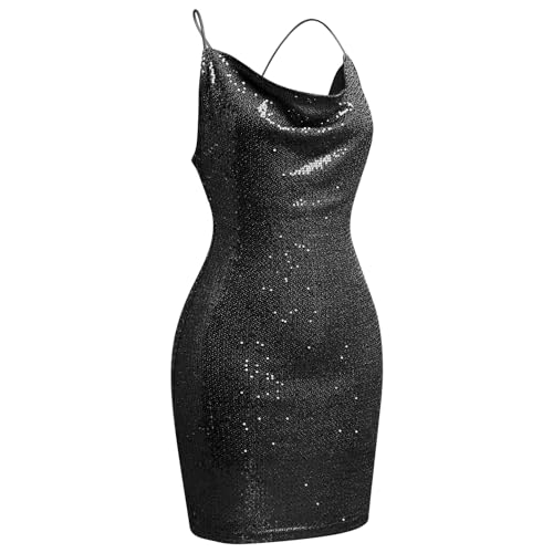 Women's Spaghetti Straps Cowl Neck Sequins Glitters Bodycon Mini Dress Party Nightclub Dress4
