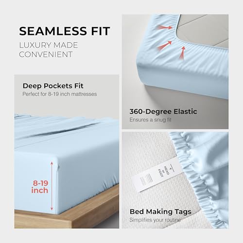 Image of THREAD SPREAD 100% Egyptian Cotton Sheets California King Size - 1200 Series Plush Collection Cal King Size Sheets Set, 4 PC Luxury Bedsheet (Light Blue), Soft, Cooling, 17 inch Deep Pocket Bedsheet Set