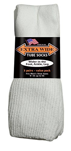 Extra Wide Tube Socks White Fit Shoes 9-15 Up to 6E 3-Pair Pack Made in USA…