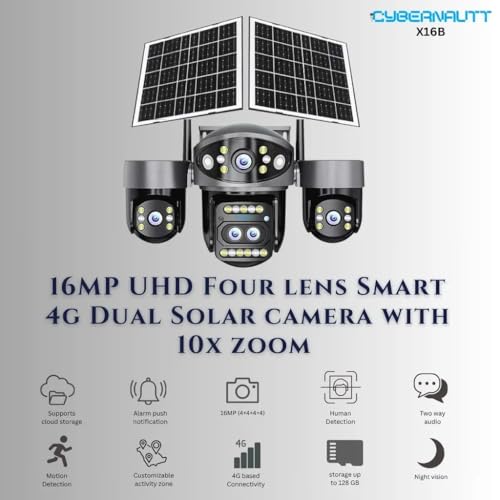 Image of Xuga Cybernautt X16B 4G Solar Security Camera | 16MP Four Lens, 10x Zoom, 355 Pan-Tilt | 12000mAh Battery Wireless Outdoor Camera with H.265+, Two-Way Audio, Cloud /SD Storage