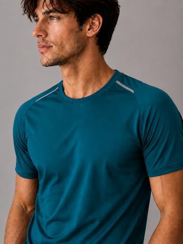 Image of Men's Teal Blue Performance T-Shirt, Quick Dry, 2-Way Stretch, Lightweight, Reflective Detailing, for Gym, Running & Training