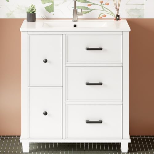 Lavabo de pie REXO lacado blanco de 76,5 cm con pila de cerámica 4