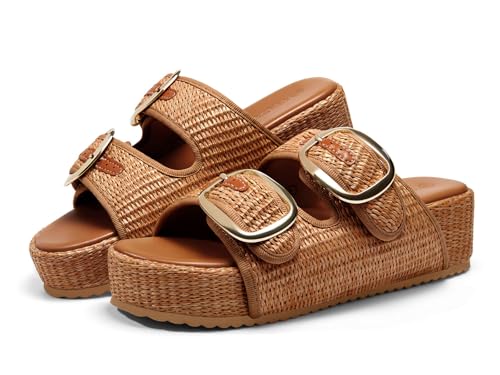 Coutgo Womens Platform Sandals Raffia Espadrilles Two Band Open Toe Slip On Slides Beach Vacation Shoes, Brown, Size 7