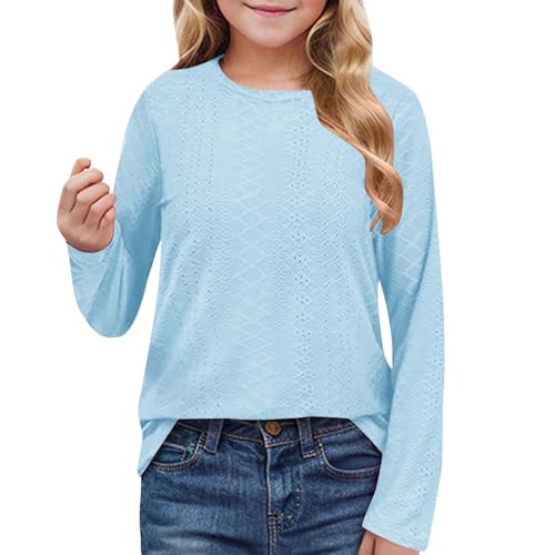 Girl T-Shirts Eyelet Round Neck Long Sleeve Casual Blouses Solid Color Trendy Hollow Out Cute Tunic Tops Shirt 20252