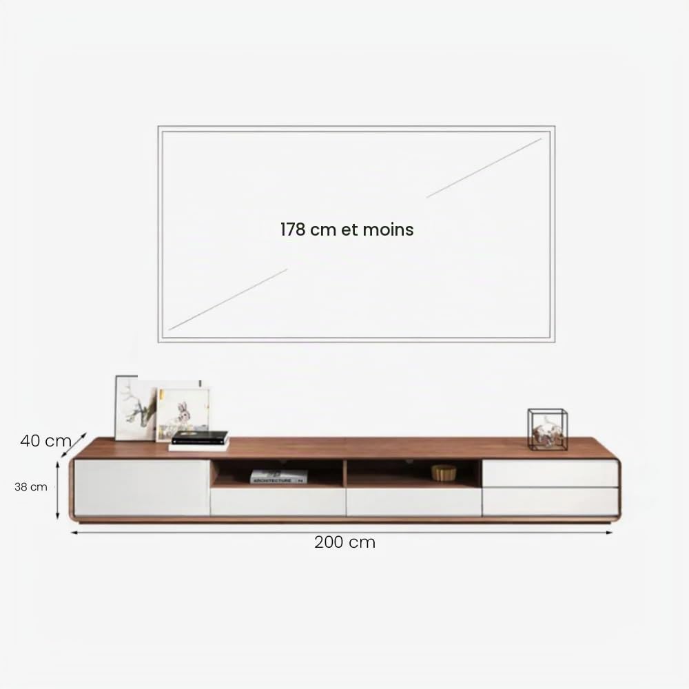 POVISON Meuble TV Moderne 200cm, Meuble TV Bois et Blanc avec Rangement 4 Tiroirs et 2 Etageres, Meuble de Salon Aucun Assemblage requis, 200 * 40 * 38cm