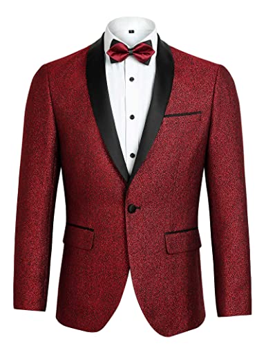 Alizeal Herren Smoking Schal Revers EIN Knopf Mode Jacquard Anzug Blazer Jacke für Party Prom Hochzeit, Rotwein-XL Cover