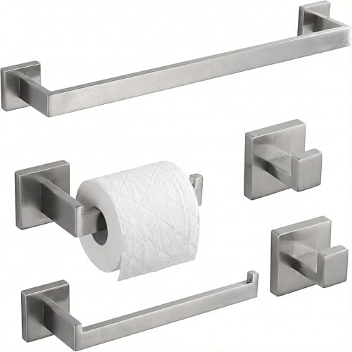 ECOClasp 5 Piece Bathroom Hardware Set Brushed Nickel SUS304 Stainless Steel Towel Bar Set Modern Square Accessories with 16 Inch Rack Toilet Paper Holder Robe Hooks (Brushed Nickel)