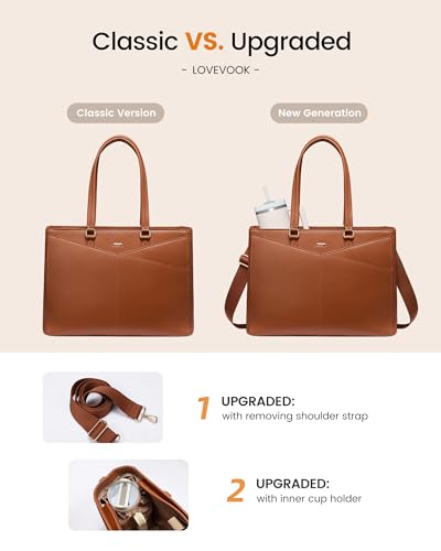 Image of LOVEVOOK Laptop Tote Bag for Women 15.6 Inch Leather Work Bags with Large Cup Holder for Teacher Work Business,Brown