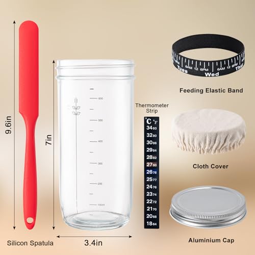 BOOMIBOO 24 oz Sourdough Starter Jar, Glass Jars Fermentation Kit, Sourdough Starter Kit with Date Marked Feeding Band, Thermometer, Cloth Cover & Metal Lid,Instruction Book