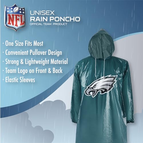 Image of NFL Waterproof Rain Poncho for Adults, Sporty, Elastic Sleeves and Drawstring Hood, Unisex Rain Coat
