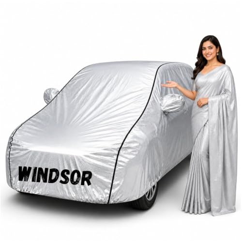 Image of Waterproof Car Body Cover for Windsor All Weather Protection Comes with Inner Cotton Lining & Triple Stitched with Mirror & Antenna Pocket Belt & Elastic Fit Metallic Silver with Black Piping