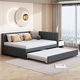 PVWIIK Upholstered Full Size Daybed with Trundle,Solid Wood Bed Frame with Twin Trundle for Bedroom Guest Room Living Room, No Box Spring Needed, Grey