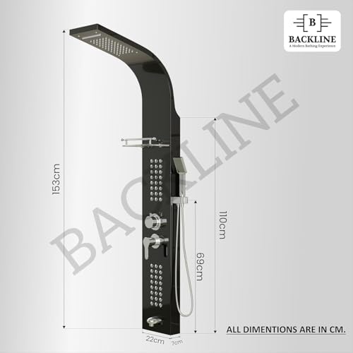 Image of Backline SS304 6 In 1 Shower Panels for Bathroom /Dual Flow Overhead Waterfall & Rainfall Shower /Hand Shower /Hot & Cold Water Mixer /Built-in Shelf for Shampoo Storage /Shower Panel (Black Glossy)