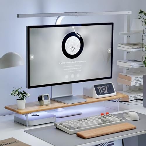 Image of Bamboo Monitor Stand Riser with RGB Lights,31.5 Inches Desktop Shelf with Acrylic Legs Supports for Desk, PC Computer Monitor, Laptops, Printer, Speakers (Natural)