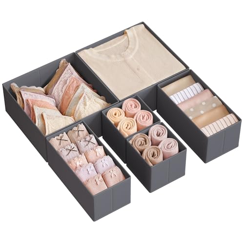 SONGMICS Aufbewahrungsbox für Schublade, 6er Set, Schubladen Organizer, Faltbox, Unterwäsche Organizer, Stoffbox für Socken, Unterwäsche, BHs, Krawatten und Schals, schiefergrau RDZ06G