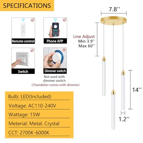 Image of Pendant Lights Kitchen Island Mini Chandelier Gold Pendant Light Crystal Light fixtures Adjustable Hanging Ceiling Hanging Lights Bubble Mini Crystal Ceiling Light for Dining Room Bedroom 2700K 6000K