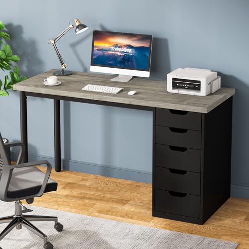 Image of Tribesigns Computer Desk with 5 Drawers, 47 inches Rustic Brown Home Office Desk with Storage, Modern Simple Laptop Desk Study Writing Table for Small Spaces (1, Grey+Black)
