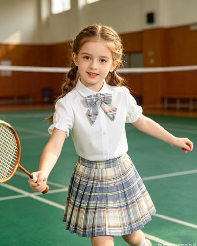 Image of Betusline Girls Skirt Set JK School Uniform 2-Piece Outfit - Short Sleeve Shirt with Bow & Pleated Skirt 4T-14Y