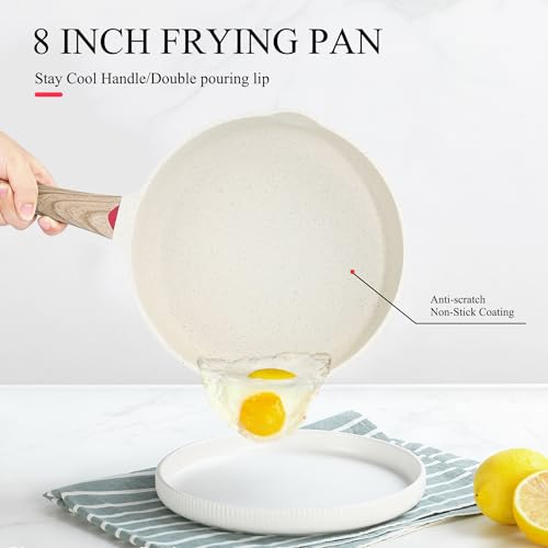 Image of Vinchef 8 Inch White Nonstick Skillet, French Cream Shallow Fry Pan, Induction Compatible, Scratch-Resistant Ceramic Coating