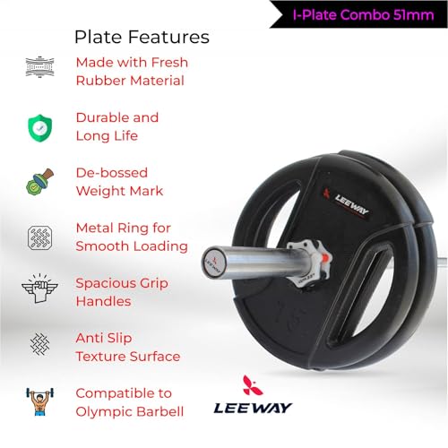 Image of Leeway Olympic Weight Lifting 50kg Set | 7ft Chrome Barbell + 51mm Rubber Coated I Plates | Heavy Duty Home Gym & Commercial Fitness Equipment | (Black, 50kg Set (2.5kgX2 + 5kgX2 + 7.5kgX2 + 10kgX2))