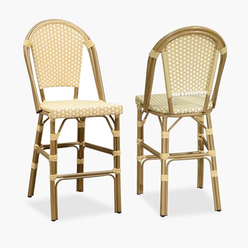 Image of PURPLE LEAF French Counter Height Bar Stool Set of 2 25 inch Bamboo Print Finish Patio Bar Chairs with Back Rattan Bar Chairs French Bistro Set for Kitchen Outdoor Counter Stool Cream Yellow