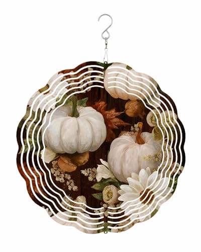 Plant Wind Spinners, Fall Pumpkins White Flowers Vintage Hanging Wind Spinners for Yard and Garden 3D Stainless Steel Metal Sculptures Crafts Ornaments 8 Inch