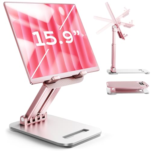 LISEN Tablet Stand for iPad Stand Holder Desk, Foldable Home Office Desk Accessories Travel for iPad Holder Dorm College Essentials Portable Monitor Stand Pink Sorbet for Girls