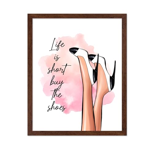 Image of Poster Master Life is Short Buy The Shoes Poster - Fashion Print - Trendy Art - Modern Art - Gift for Her & Fashionista - Luxury Haute Couture Decor for Bedroom or Girls Room, 8x10 Brown Framed