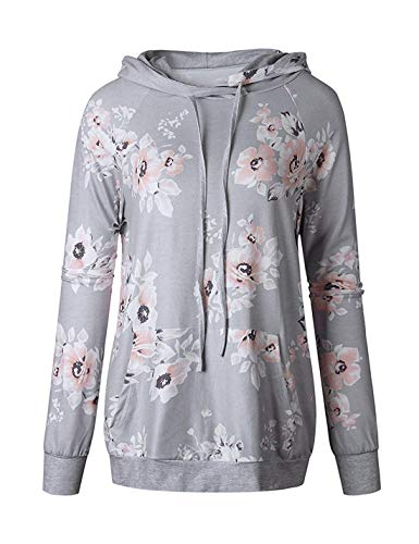 onlypuff Gray Hoodies Women Floral Print Shirt Long Sleeve Hooded Sweatshirt Tunic Tops XL