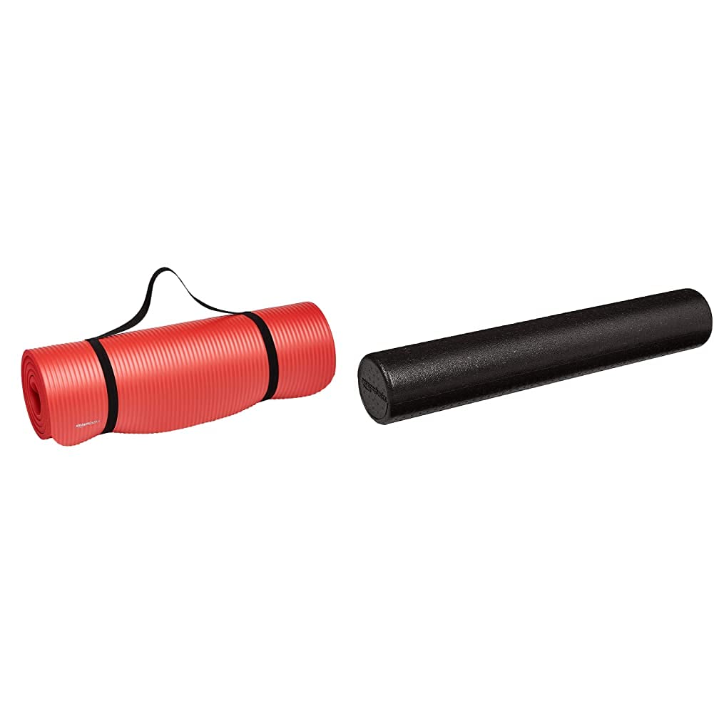 Amazon Basics Extra Thick Exercise Yoga Gym Floor Mat with Carrying Strap - 74 x 24 x .5 Inches, Red
