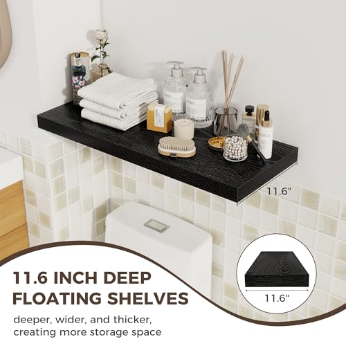 Image of Fun Memories 12 Deep Floating Shelves for Wall | 30W x 12D Large Floating Shelves | 2 Pack Storage Space Wall Mount Shelf for Living Room Bathroom Toilet Laundry Room Kitchen Home Office - Black