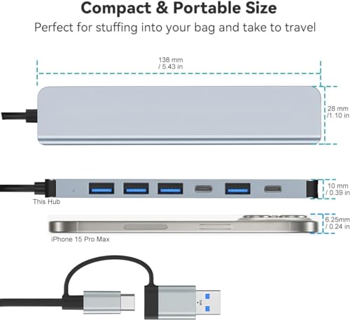 Image of Tobo USB C Hub 7 in 1 Multiport USB Adapter with 1x USB 3.0, 4X USB 2.0 Ports, 1x USB C and 1x 60W PD Charging Port for MacBook Pro /Air, iMac, Surface Pro, More