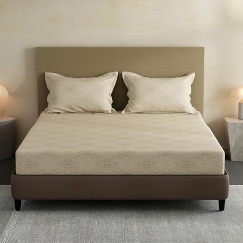 Image of Layers 100% Cotton Bedsheet for King Size Bed | Lumina Floret Collection | 144 TC Soft & Breathable | Printed with 2 Pillow Covers | Wrinkle Free & Colorfast | 3 Piece Bedding Set - Beige