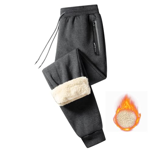 JustSun Jogginghose Herren Baumwolle Trainingshose Männer Gefütterte Thermo Fleece Hosen Herren Warme Winter Sporthose Herren Lang Freizeithose Herren mit Reißverschlusstaschen Taschen Dunkelgrau XXL