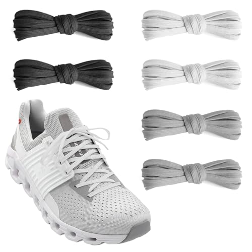 NDTEZUGT 3 Pairs Flat Shoelaces for On Cloud Sneakers 1/4(6mm) Thin Original Athletic Shoe Laces Replacement Strings (Black+White+Gray 54/140cm)