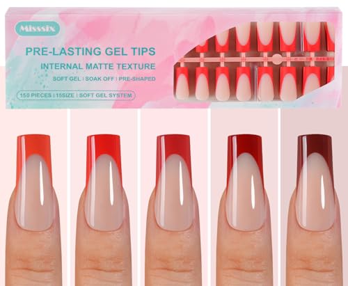 Misssix French Gel Nail Tips, 150Pcs Red French Tip Press