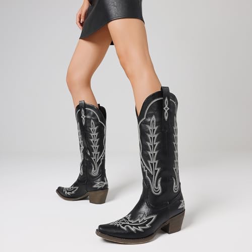 Image of mikarka Cowboy Boots for Women Black Cowgirl Boots Western Knee High Black Boots for Women Pull On Tall Long Cowboy Boots Size 7