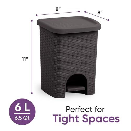 Image of Superio Mini 6L Step Pedal Trash Can - Wicker Design, Hidden Mechanism, Durable Plastic, Ideal for Desktop, Countertop, Pet Waste /Dog Poop - Brown