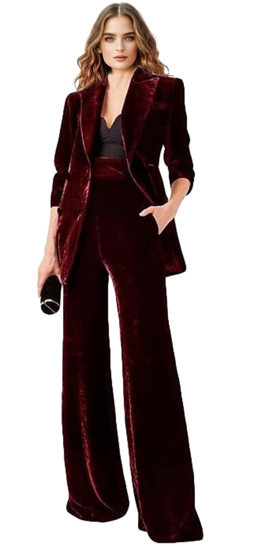 Womens Velvet Suit 2 PC Double Breasted Pants Suit Peak Lapel Formal Tuxedos Business Outfit