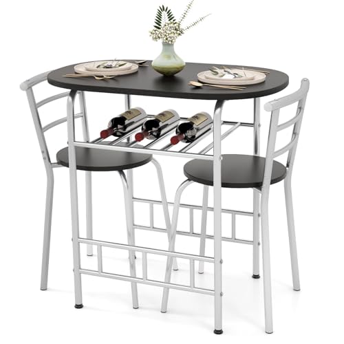 GIANTEX 3-teiliges Esszimmer-Set, 1 kleiner ovaler Tisch und 2 Stühle, mit Flaschenhalter, Tischplatte mit Holzmaserung, robuster Metallrahmen (Natur) (Silber)