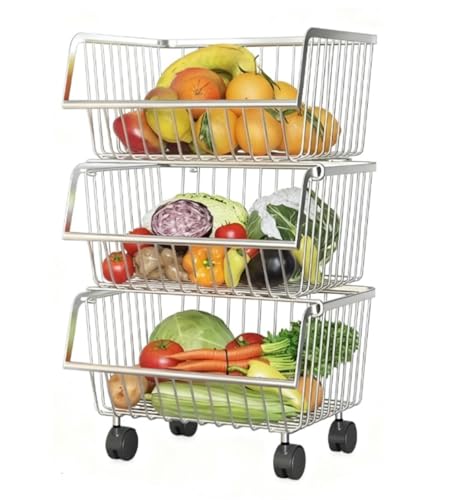 FENGJISUN Carrito De Cocina Móvil Multifuncional Cesta De Fruta Acero Inoxidable For Carrito Cocina, Gruesa, For Sala Estar(3 Tier)