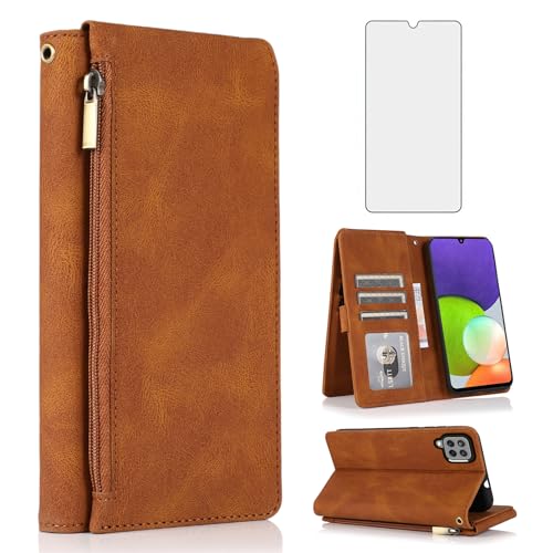 Étui portefeuille en cuir pour Samsung Galaxy A22 4G avec fermeture éclair marron