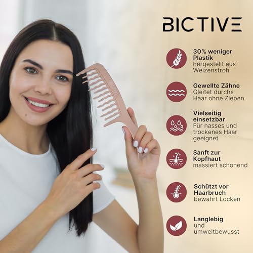 BICTIVE® Lockenkamm mit Gewellten, Breiten Zinken. Kamm für Locken, Entwirrt und Definiert Locken. Grober Kamm, Styling, Wide Tooth Comb, Entwirrbürste Lange Haare. Für Damen und Männer