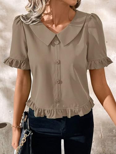 Womens Summer Tops Casual Blouses V Neck Ruffled Elegant Plain Short Sleeve Tops2