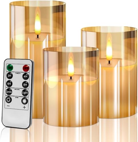 Nestling Gold Glass flameless Candles Flickering with Remote, Moving Wick Battery Operated Realistic Warm Light Candle, for Party Wedding Festival Tabletop Decoration, Set of 3