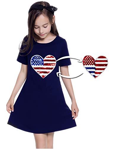 Jxstar Girls 4th July Dresses USA Flag Flip Sequin Shirt Independence Day Patriotic Cotton Clothes