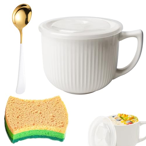 YUNXCNA Suppenschüssel mit Griff Keramik Suppenschalen mit Griff und Deckel 900ML Große Suppentasse für Suppe Kaffeetasse Groß für Mikrowelle Geschirrspüler Suppe Instant Nudel und Müsli(Weiß)