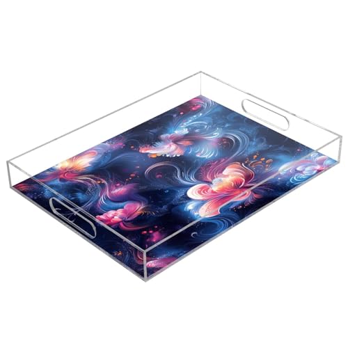 Msyxl Abstract Flowers Serving Tray for Coffee Table, Decorative Acrylic Tray Abstract Flowers Tray with with Handles for Breakfast, Ottoman, Countertop, 12x16 in