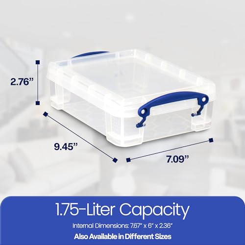 Image of Really Useful Box 1.75 Liter Plastic Stackable Storage Container with Snap Lid & Built-In Clip Lock Handles for Home or Office Organization, 4 Pack